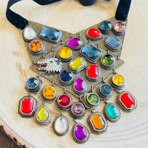 Loulou de la Falaise necklace colorful jeweled rhinestone gold tone velvet 32"